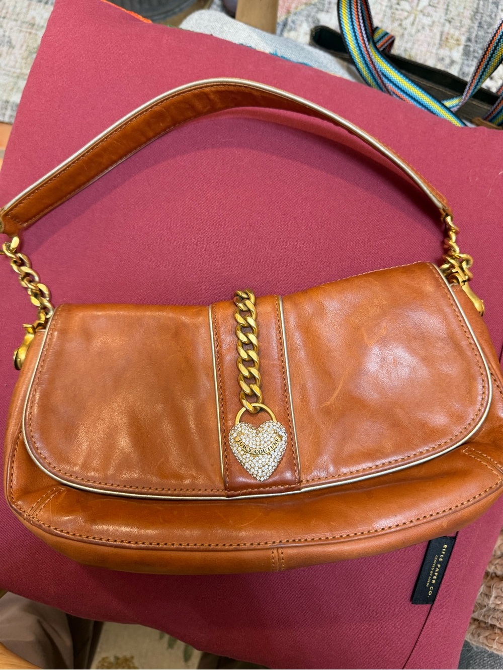 Juicy Couture Brown Shoulder Bag Rhinestone Heart Charm Gold Chain Y2K